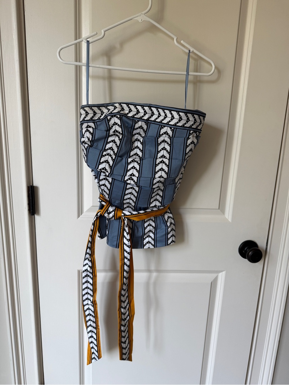 White House Black Market Blue, White & Mustard Strapless Printed Top with Belt